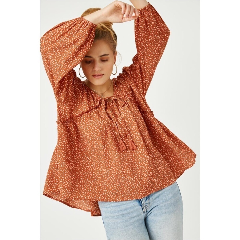 Hayden Orange Bishop Sleeve Blouse with Tie Front - Picture 5 of 14